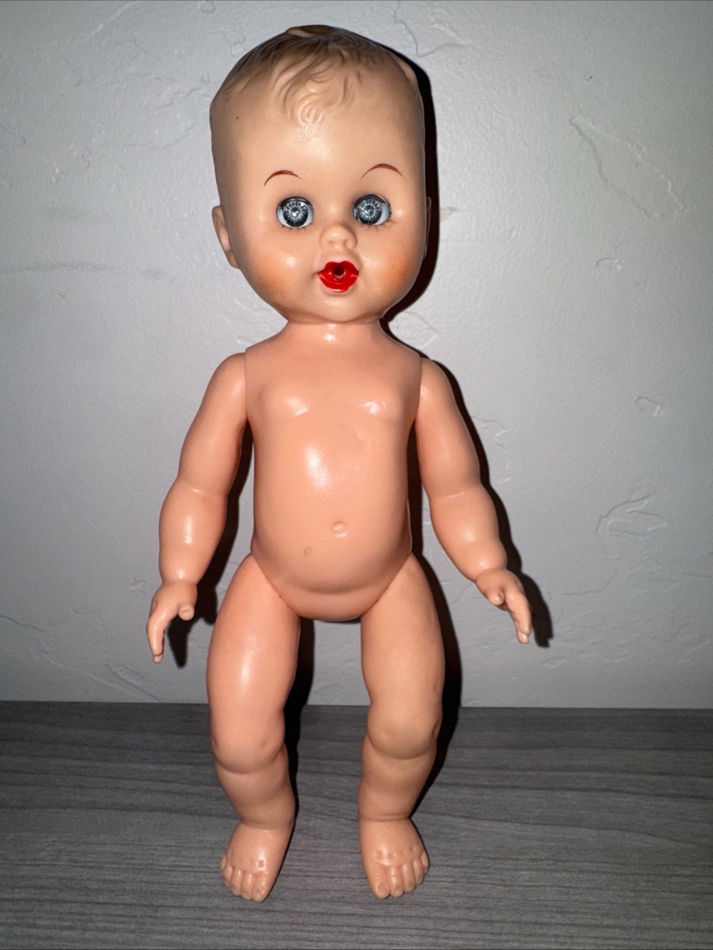Vtg Baby Doll Rocker Eyes Open Close 10” Rubber/plastic White Blue Eyes
